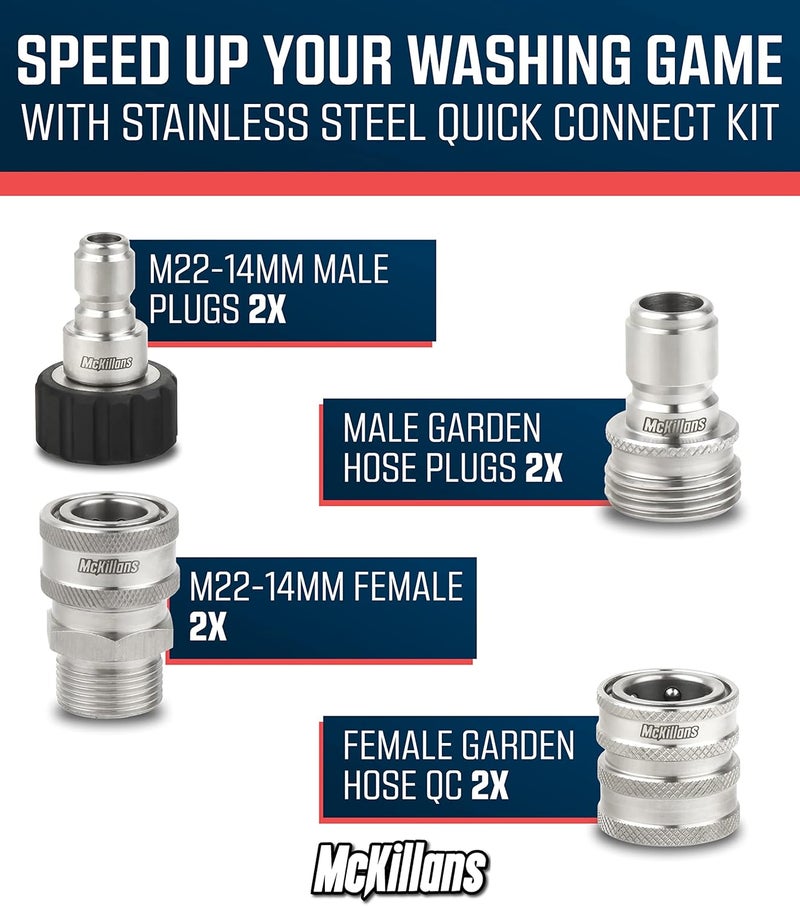 McKillans ® M22-14mm Pressure Washer Quick Connect Kit, M22-14mm to 3/8" Male Female Quick Disconnect Kit for Power Washer (Stainless Steel) - Image 3